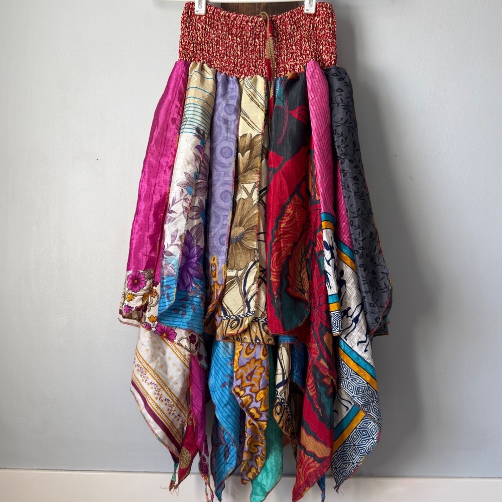 Patchwork Silk Convertible Skirt Halter Dress Handkerchief Hem Boho One Size